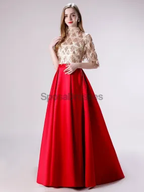 1/2 Long Sleeves High Neck Red Skirt Sequin Top Evening Prom Dresses, Evening Party Prom Dresses, 12116