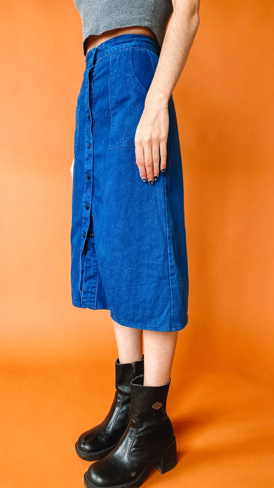 1990s Denim Button-Up Midi Skirt, sz. XXS