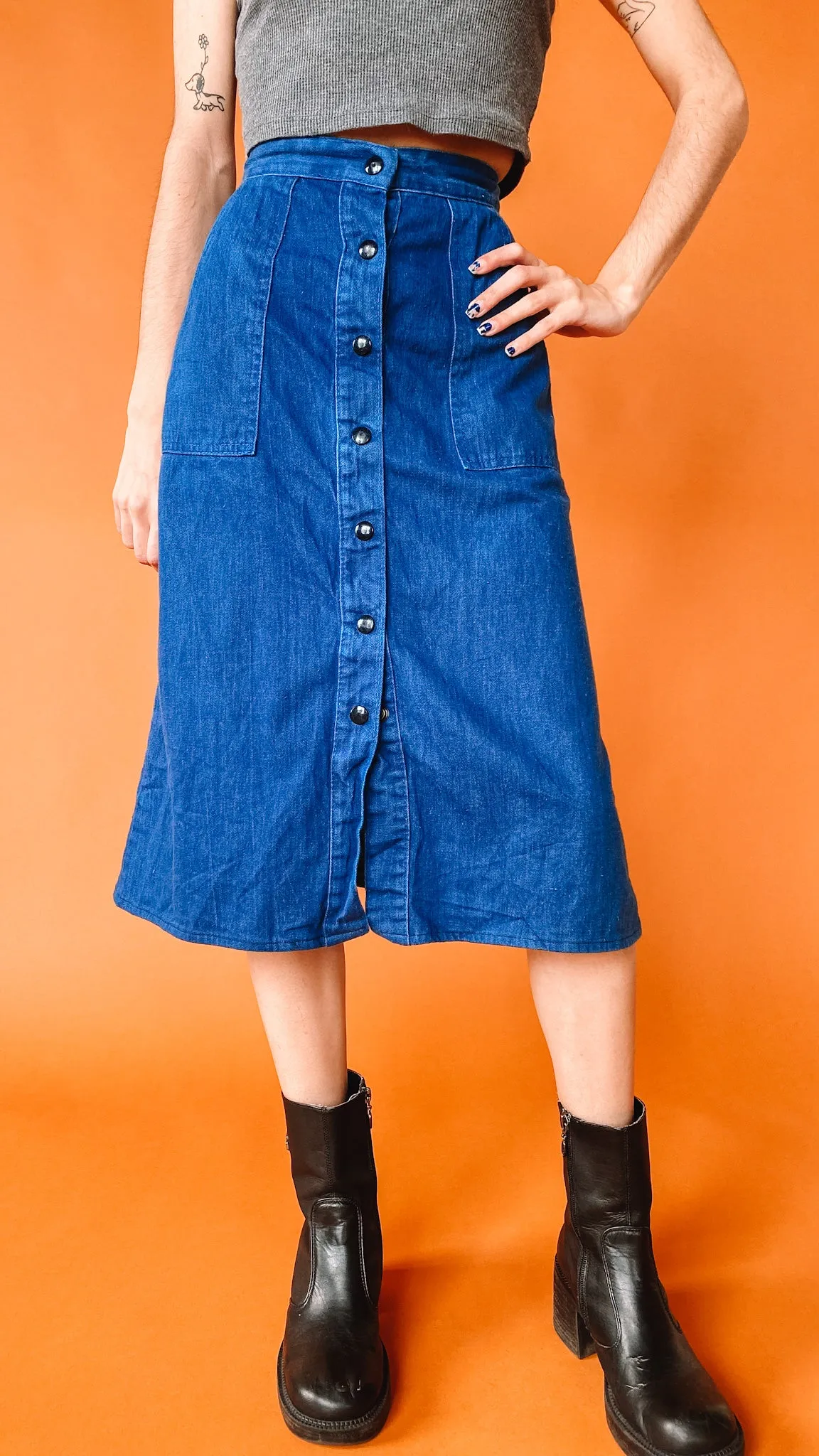 1990s Denim Button-Up Midi Skirt, sz. XXS