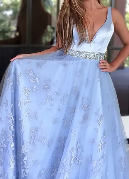 A Line Blue V Neck Lace Beaded Long Prom Dresses, Blue V Neck Lace Beaded Long Formal Evening Dresses