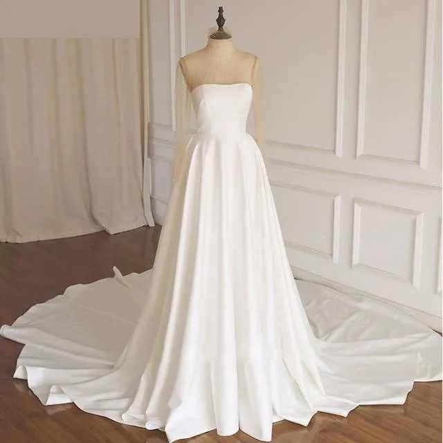 A-Line Illusion Full Sleeved Pearls Beaded Satin Wedding Dresses