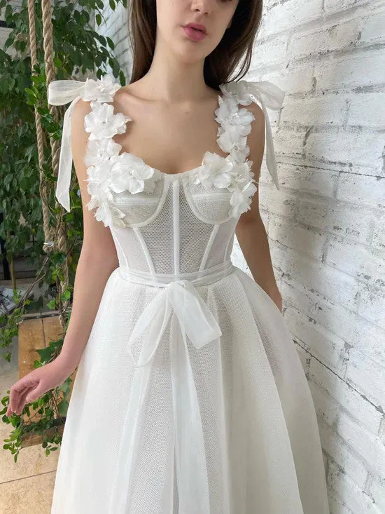 A Line ivory Tulle tea length Prom Dresses With 3D Flowers, 3D Flowers ivory Formal Evening Dresses