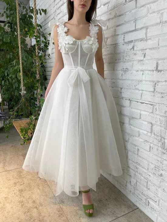 A Line ivory Tulle tea length Prom Dresses With 3D Flowers, 3D Flowers ivory Formal Evening Dresses