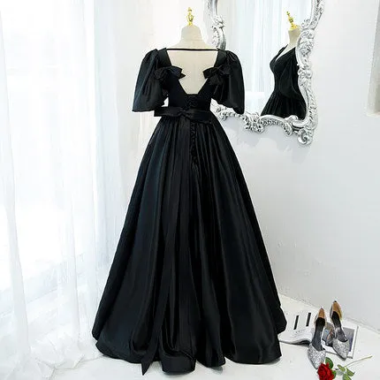 A line Short Sleeves V neckline Long Black Prom Dresses SH052