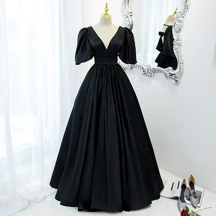 A line Short Sleeves V neckline Long Black Prom Dresses SH052