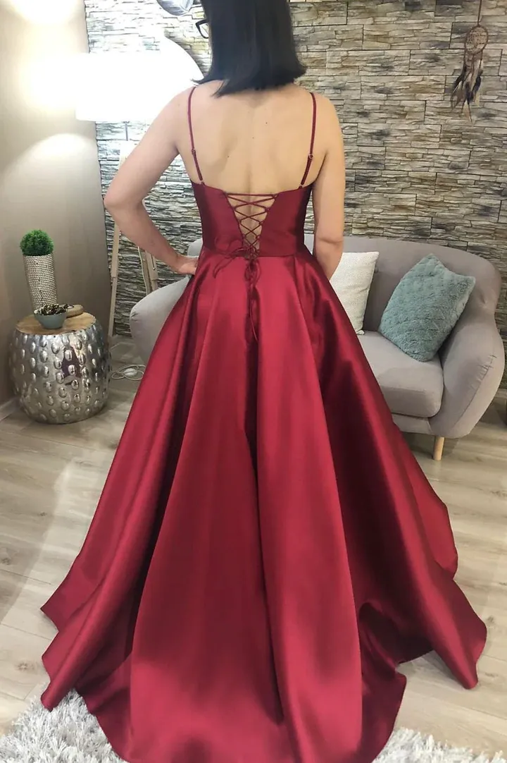 A Line V Neck Burgundy Satin Long Prom Dresses, A Line V Neck Burgundy Satin Long Formal Evening Dresses