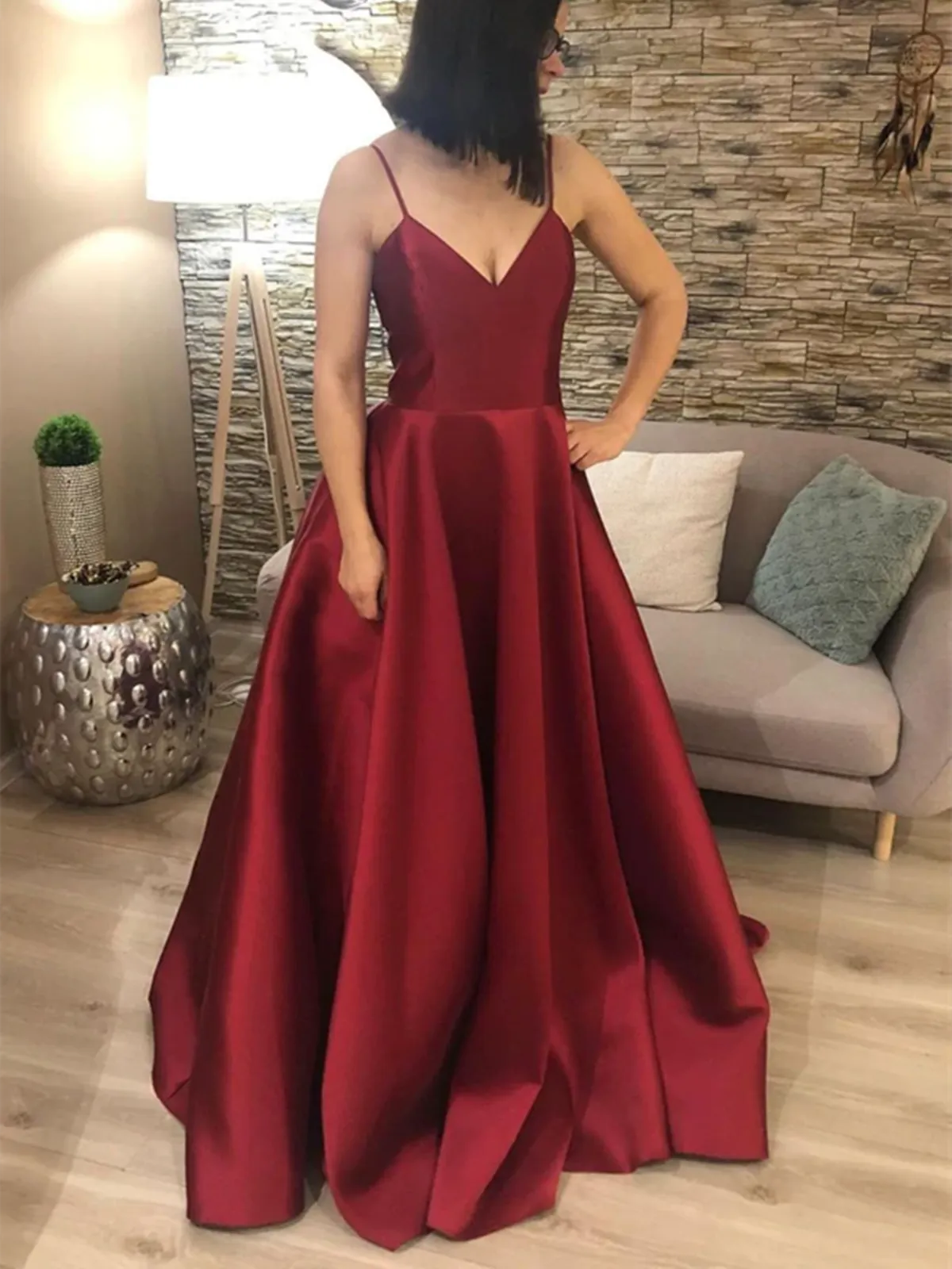 A Line V Neck Burgundy Satin Long Prom Dresses, A Line V Neck Burgundy Satin Long Formal Evening Dresses