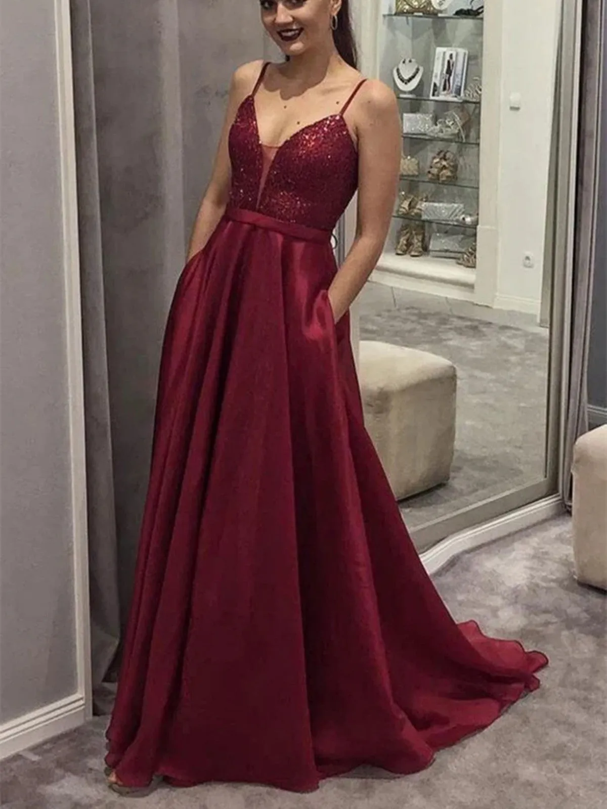 A Line V Neck Burgundy Sequins Long Prom Dresses with Pockets, V Neck Burgundy Sequins Long Formal Graduation Evening Dresses