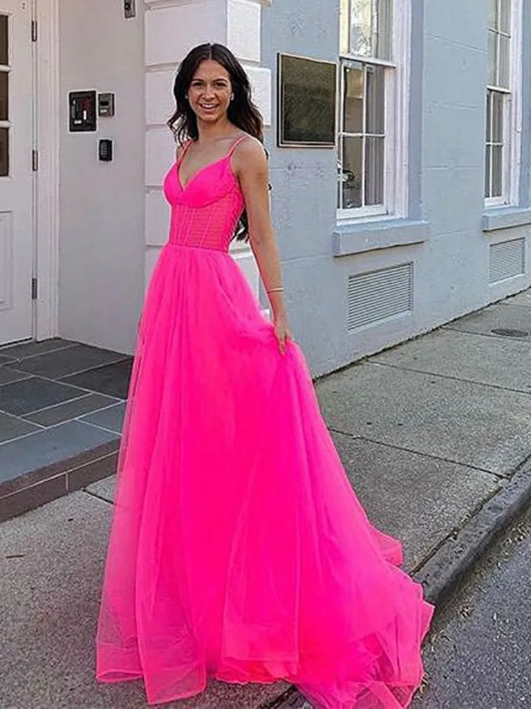 A Line V Neck Hot Pink Tulle Long Prom Dresses, V Neck Hot Pink Tulle Long Formal Graduation Dresses