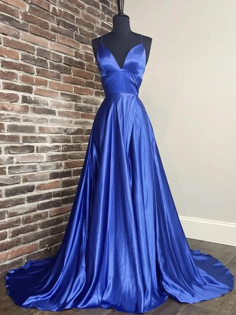 A Line V Neck Long Blue Prom Dresses, Blue Formal Graduation Evening Dresses