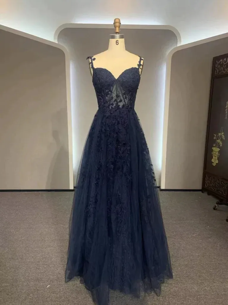 A Line V Neck Navy Blue Lace Long Prom Dresses, Navy Blue Lace Formal Evening Dresses