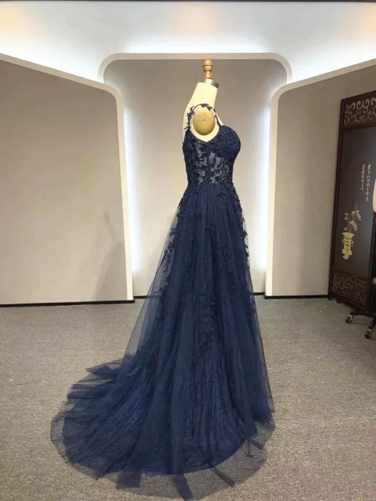 A Line V Neck Navy Blue Lace Long Prom Dresses, Navy Blue Lace Formal Evening Dresses