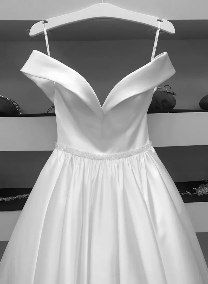 A Line White Off The Shoulder Satin Long Prom Dresses, White Off Shoulder Satin Long Formal Evening Dresses