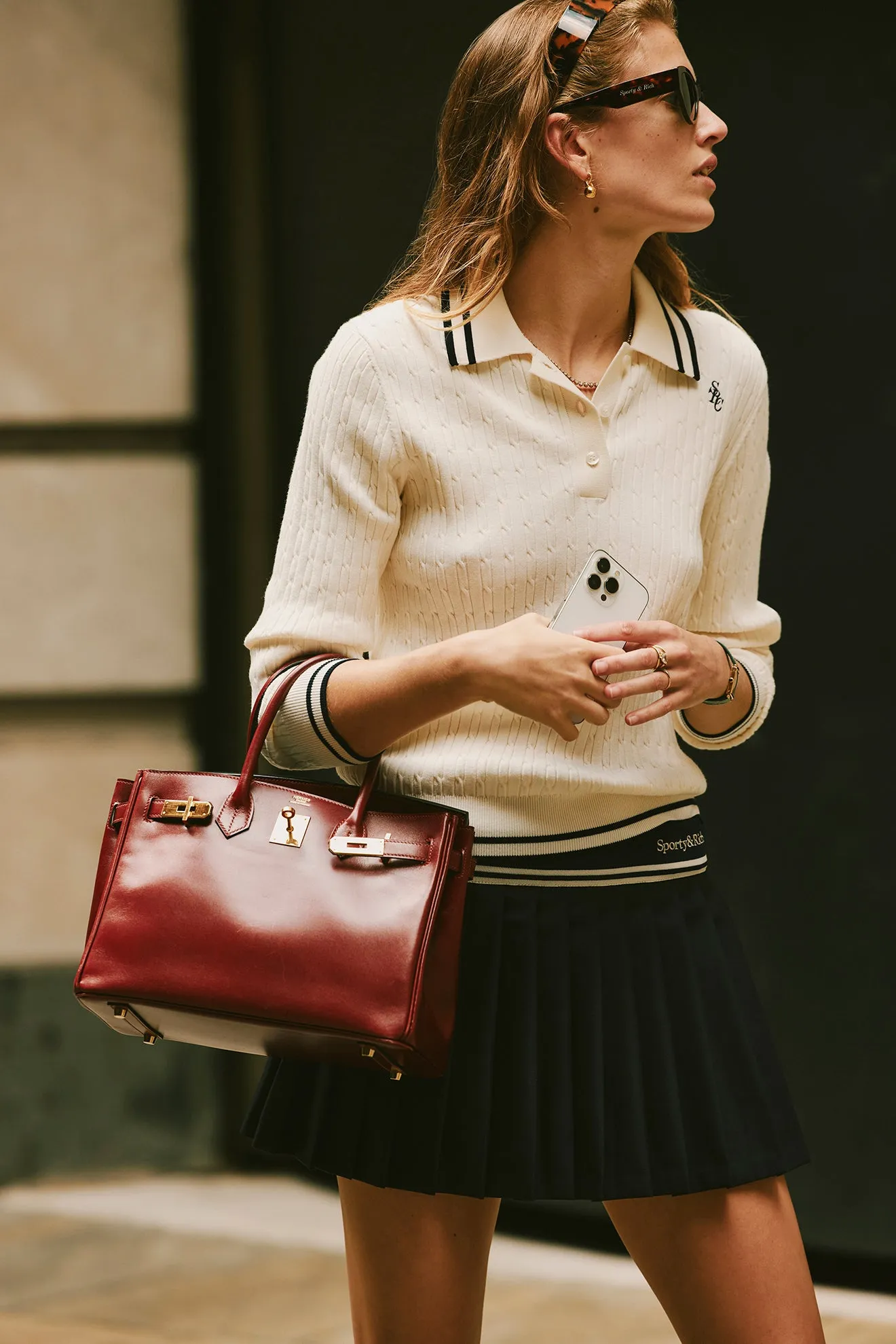 Abigail Wool Pleated Skirt - Navy/Off White