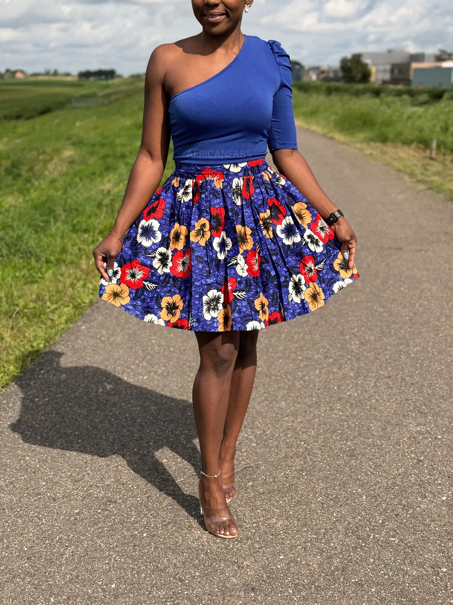 African print mini skirt - Blue Flowers