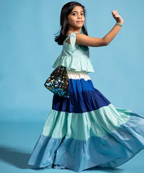 Aqua blue cotton pleated top and long skirt