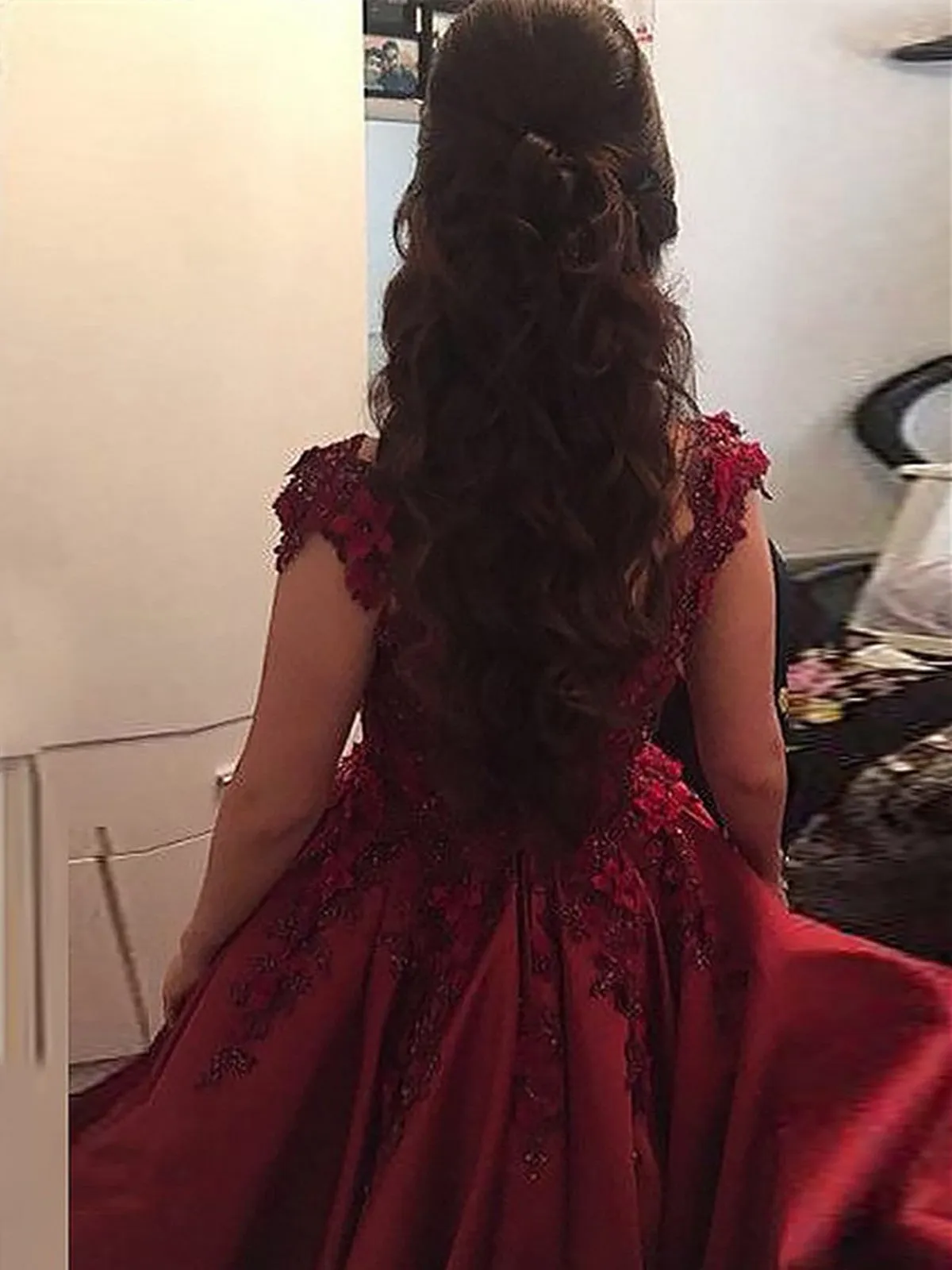 Ball Gown Off-the-Shoulder Floor-Length Burgundy Prom Dresses,  Ball Gown Lace Formal Dresses