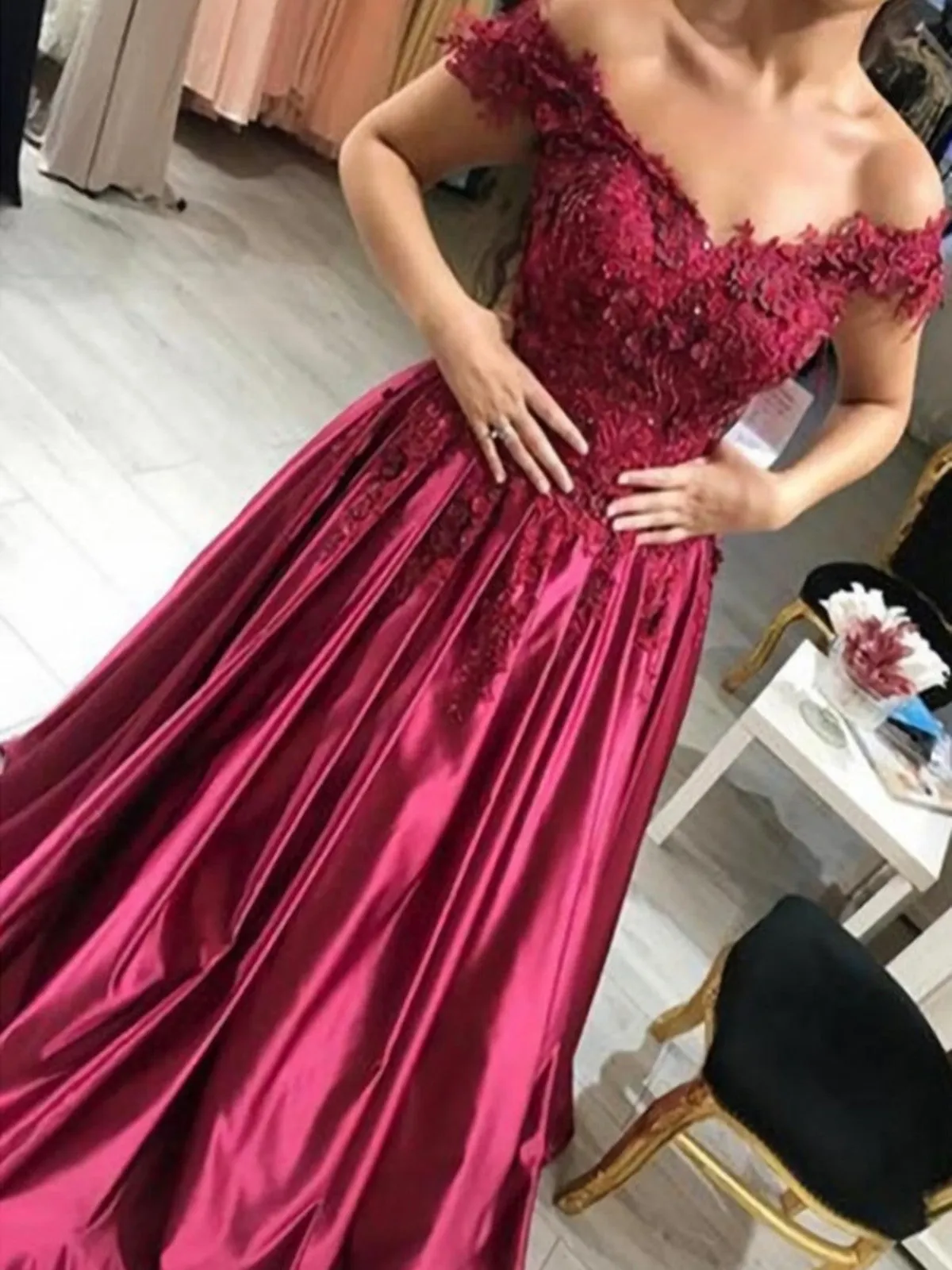 Ball Gown Off-the-Shoulder Floor-Length Burgundy Prom Dresses,  Ball Gown Lace Formal Dresses