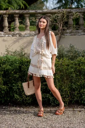 Beige Boho Embellished Skirt