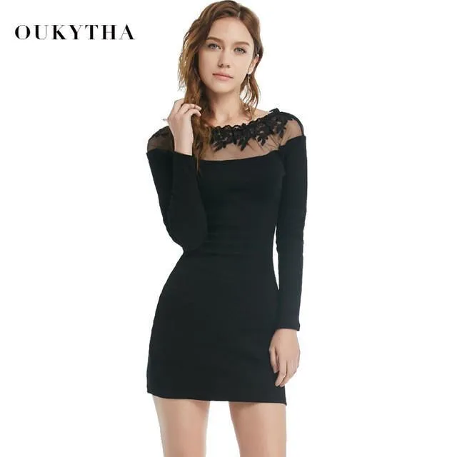 Black Long Sleeve Sexy Lace Dresses Patchwork  Women Oukytha T15098