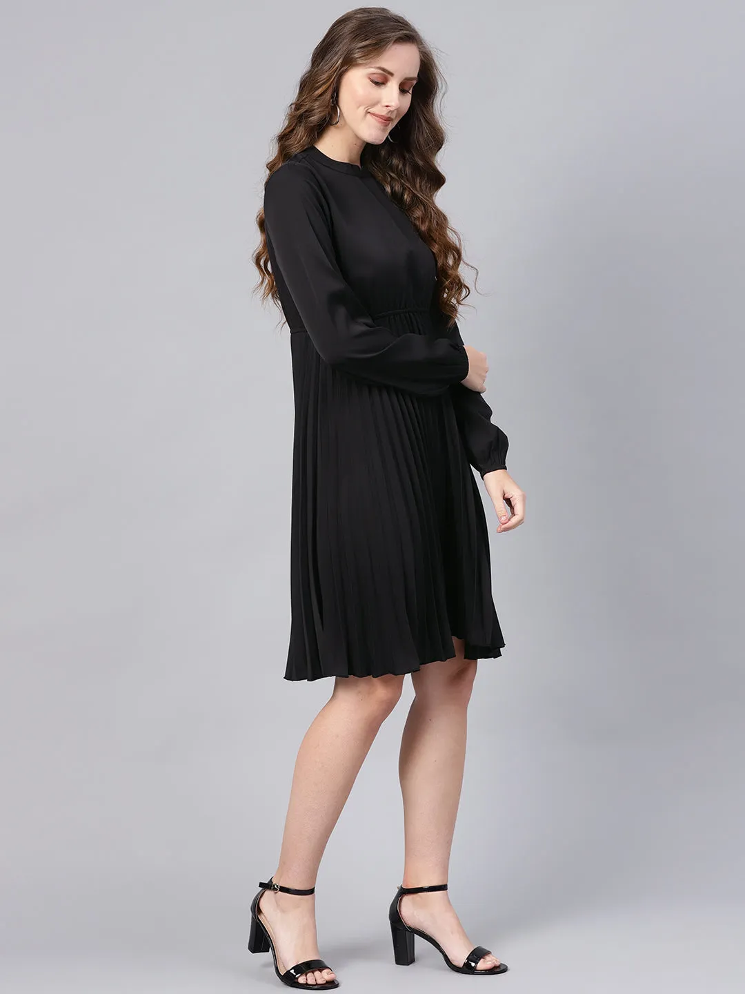 Black Mandrain Collar Pleated Skater Dress