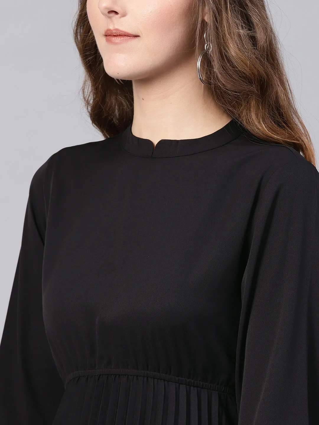 Black Mandrain Collar Pleated Skater Dress