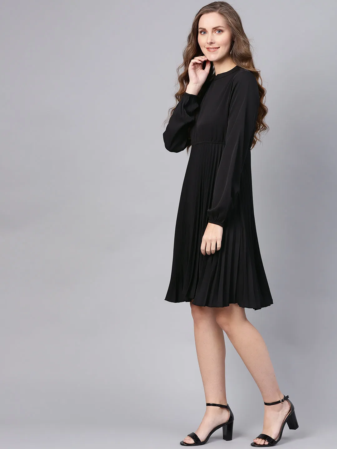 Black Mandrain Collar Pleated Skater Dress