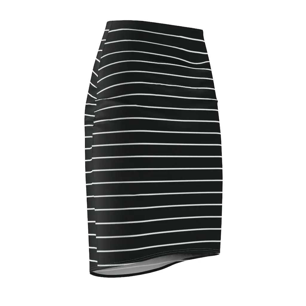 Black Striped Women's Pencil Skirt, Mid Waist Designer White Stripes Stretchy Skirt- Made in USA