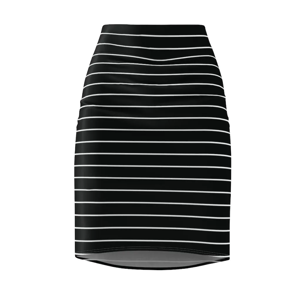 Black Striped Women's Pencil Skirt, Mid Waist Designer White Stripes Stretchy Skirt- Made in USA