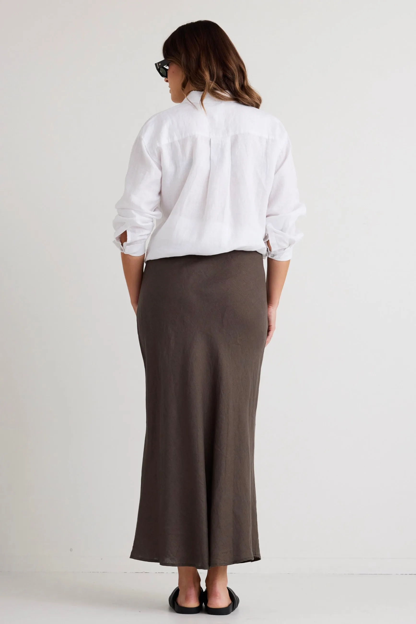 Bliss Dark Olive Linen Bias Midi Skirt