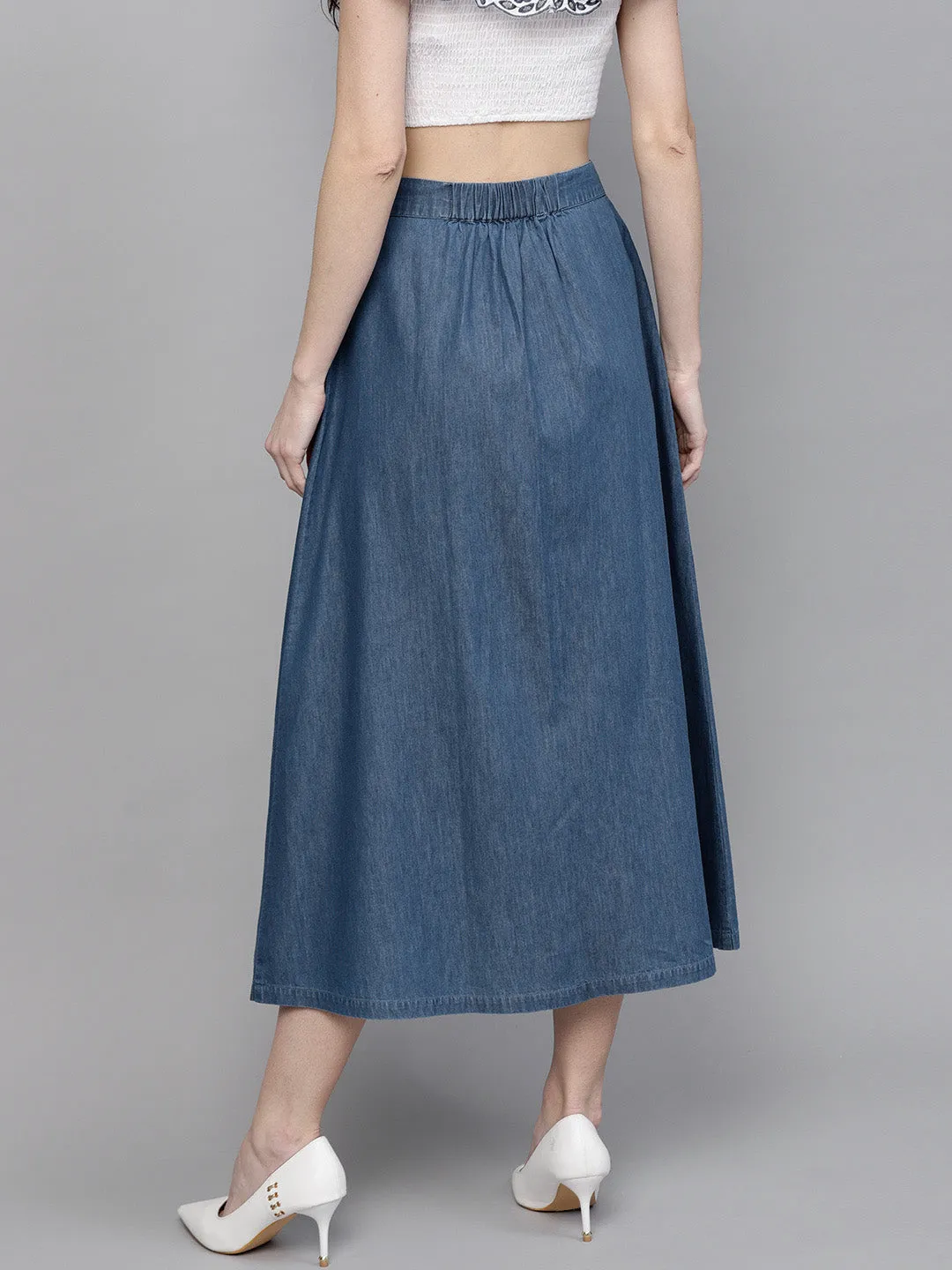 Blue Denim Longline Buttoned Skirt