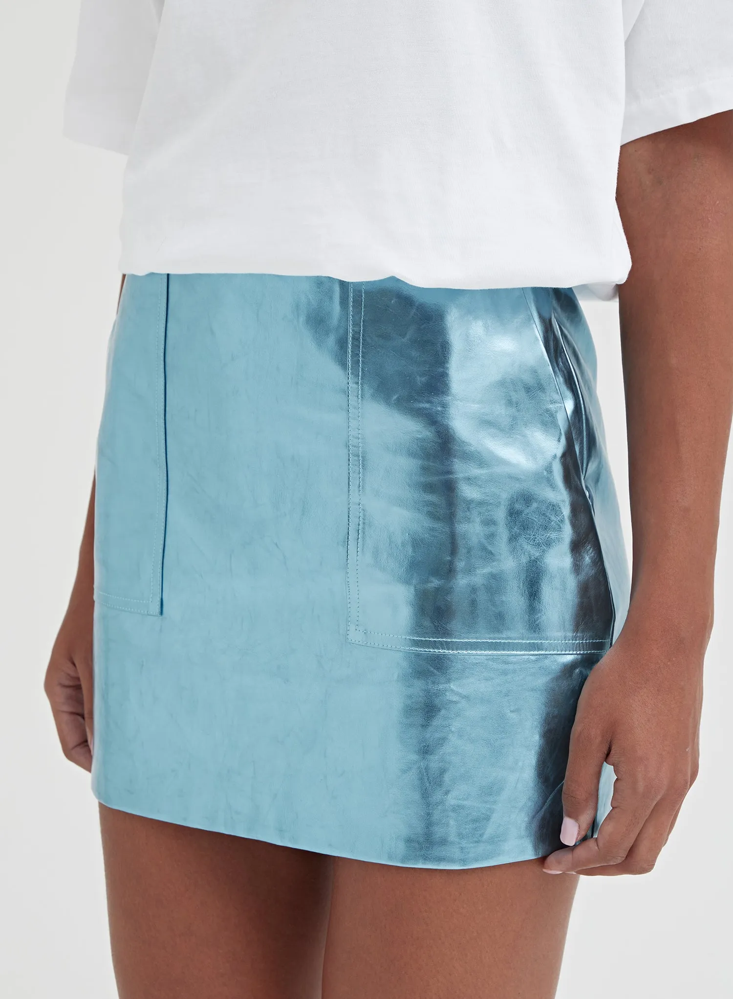 Blue Metallic Faux Leather Mini Skirt - Kiki