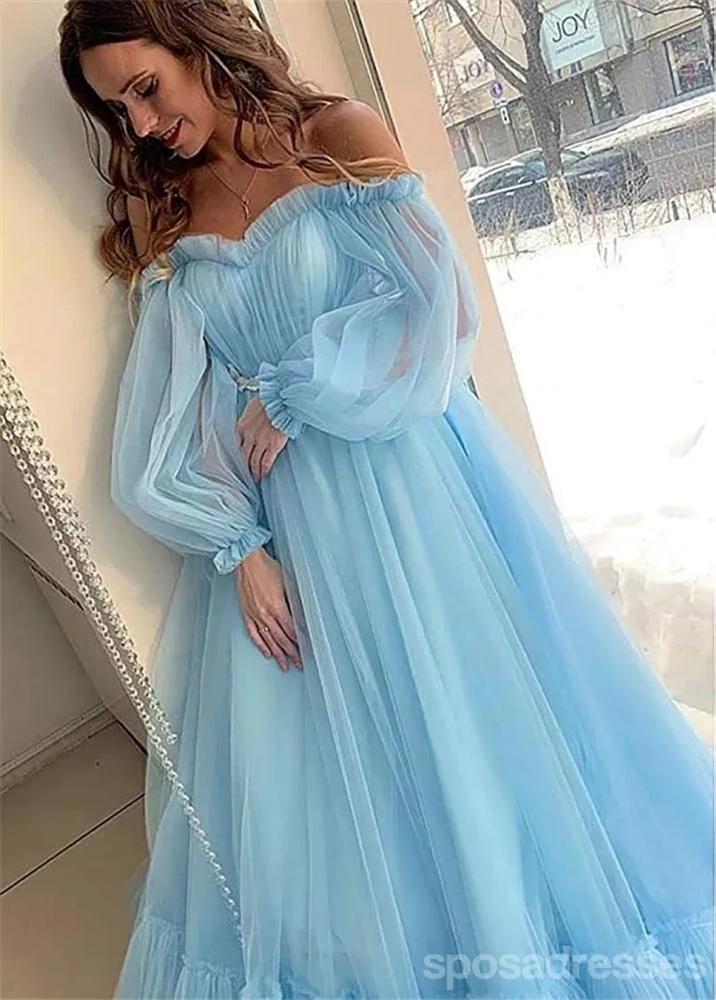 Blue Off The Shoulder Long Sleeves A-line Long Evening Party Prom Dresses, Prom Dresses Stores,12525