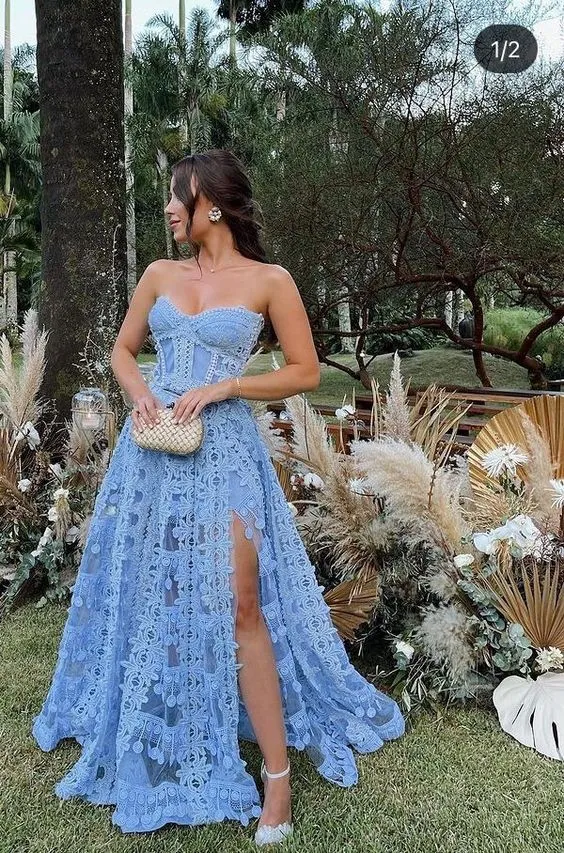 Blue Strapless Slit Prom Dresses With Appliques  SH872