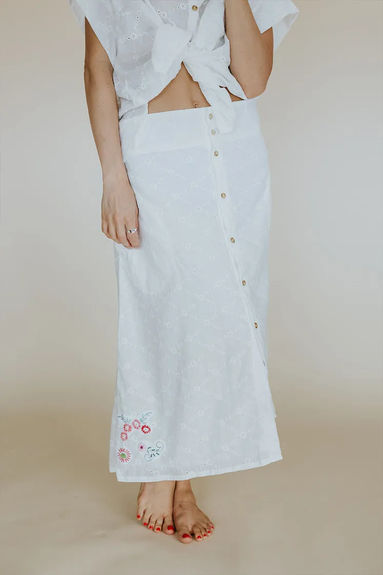 Brie Eyelet Button-Front Midi Skirt