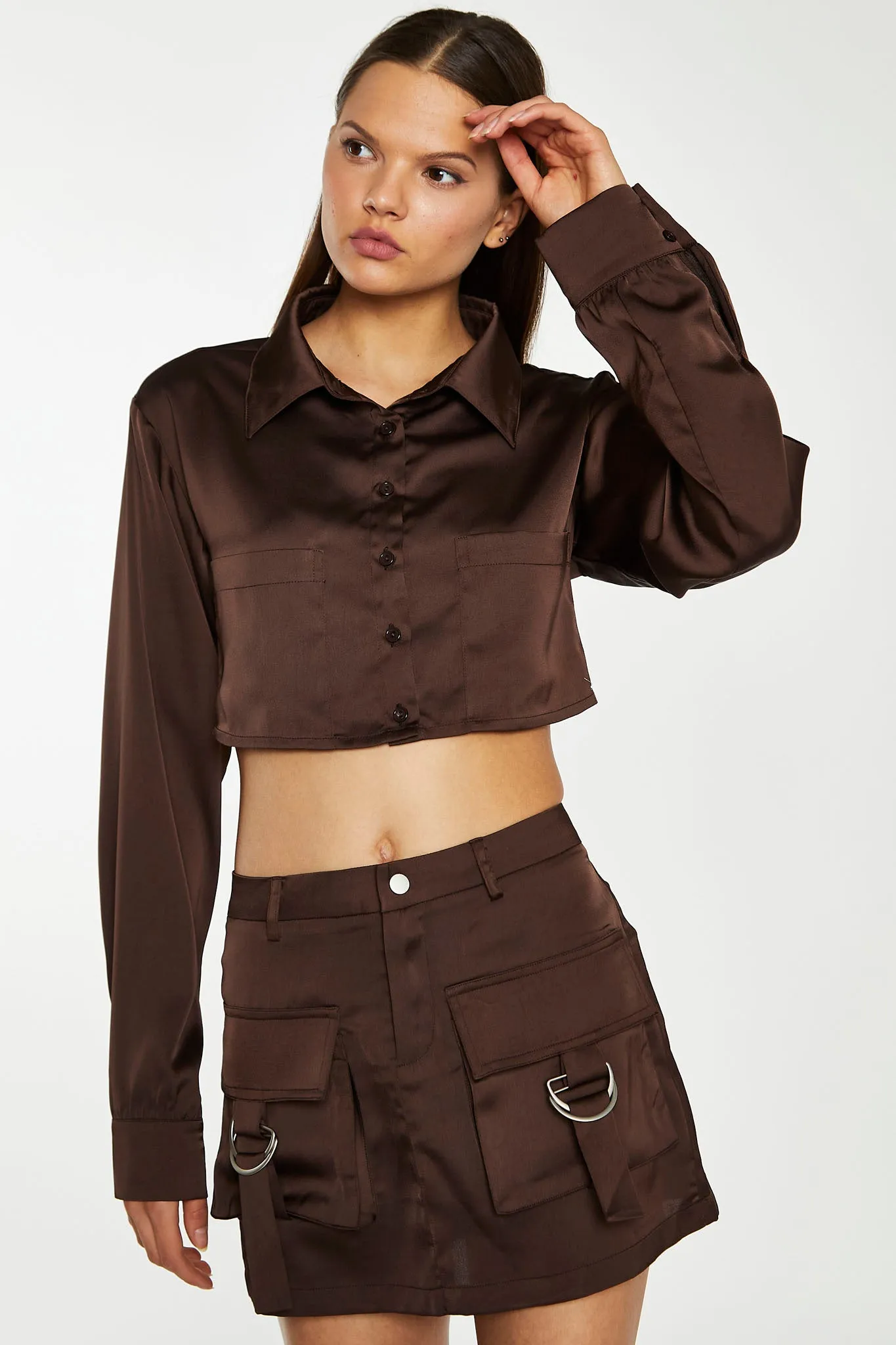 Brown Satin Cargo Mini-Skirt