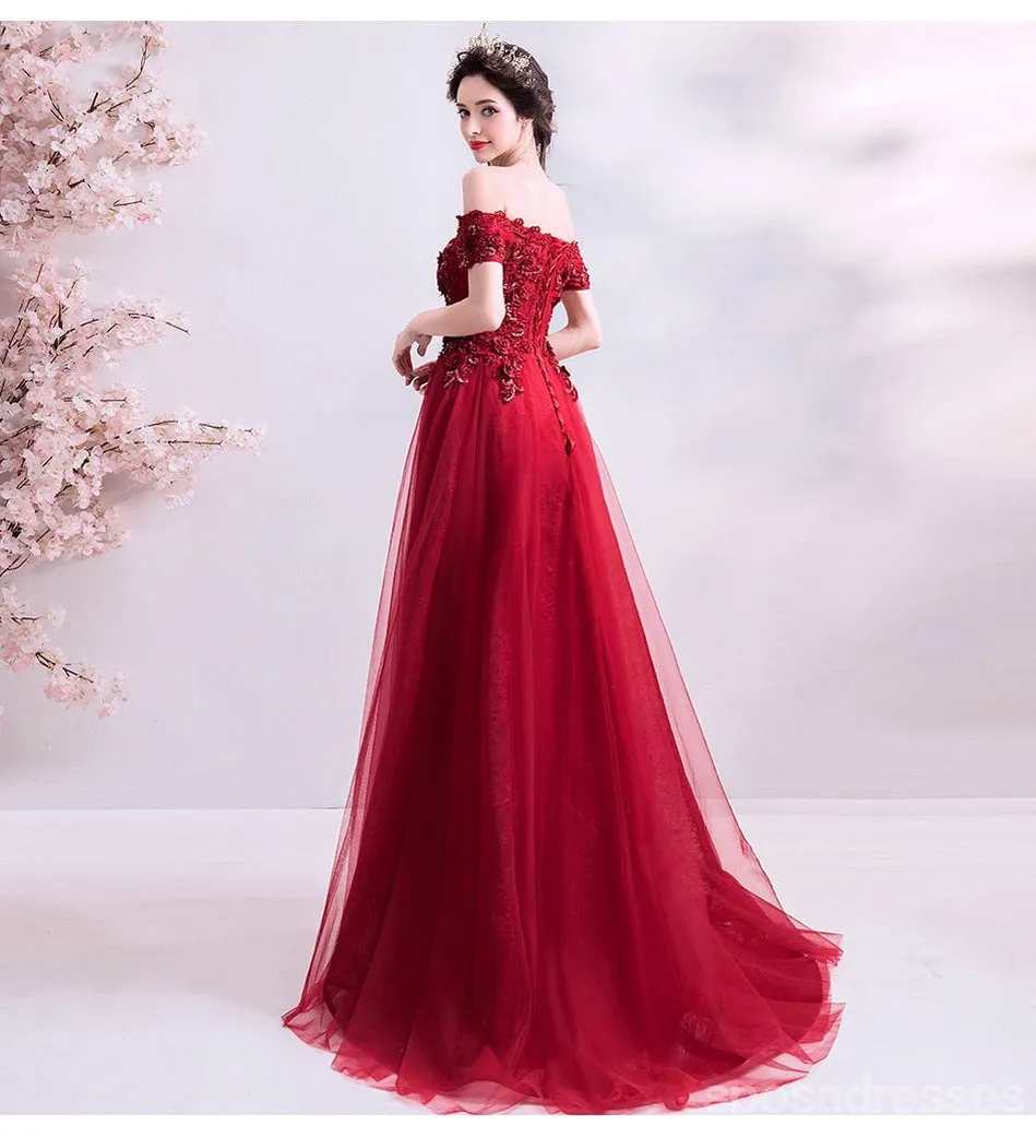 Burgundy A-line Off Shoulder Long Prom Dresses Online, Dance Dresses,12751