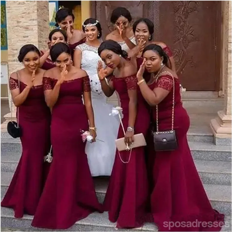 Burgundy Mermaid Off Shoulder Cheap Long Bridesmaid Dresses Online,WG1193