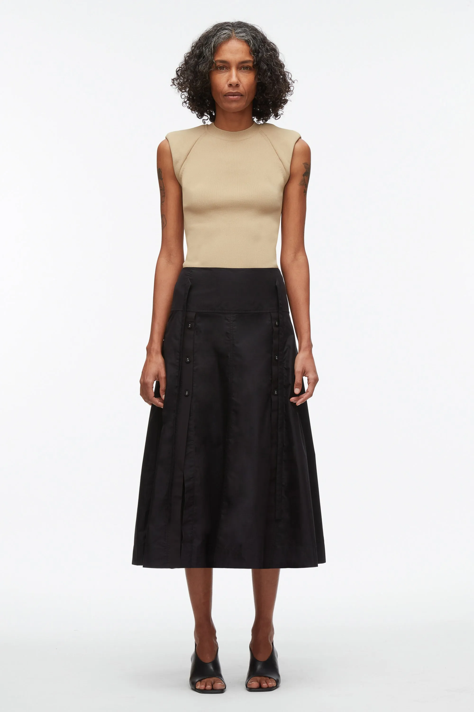 Button Front Tie Waist Midi Skirt