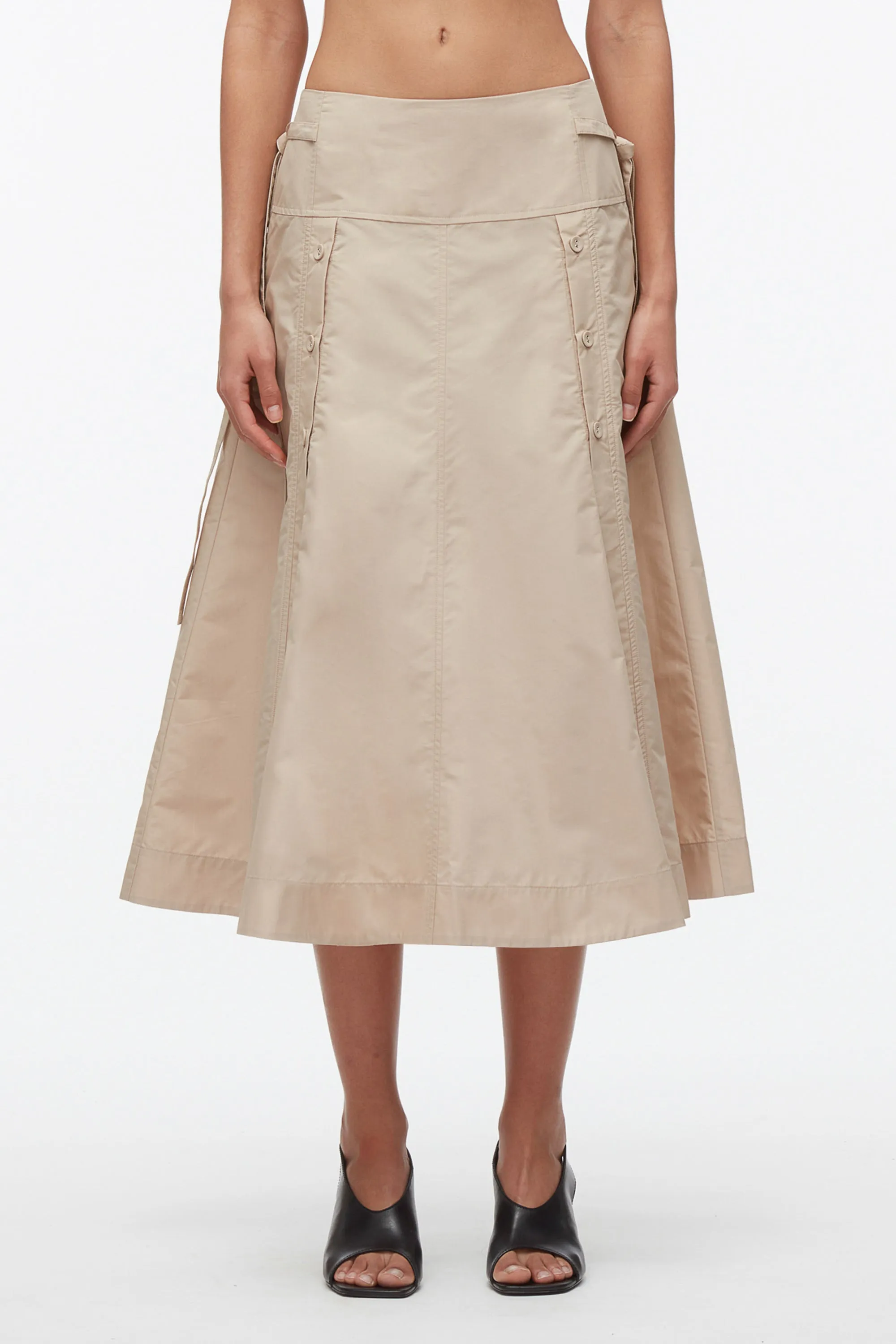 Button Front Tie Waist Midi Skirt