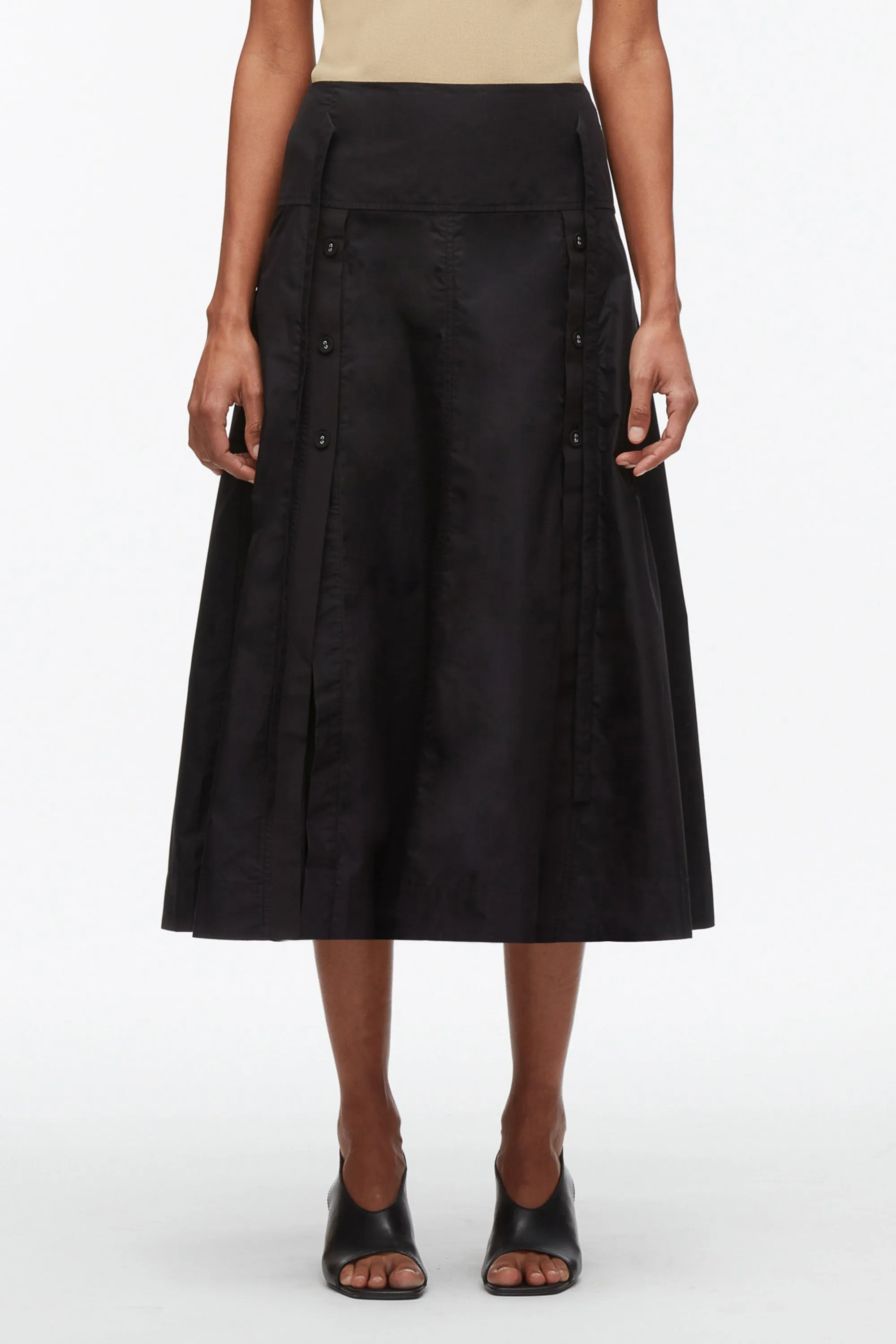 Button Front Tie Waist Midi Skirt