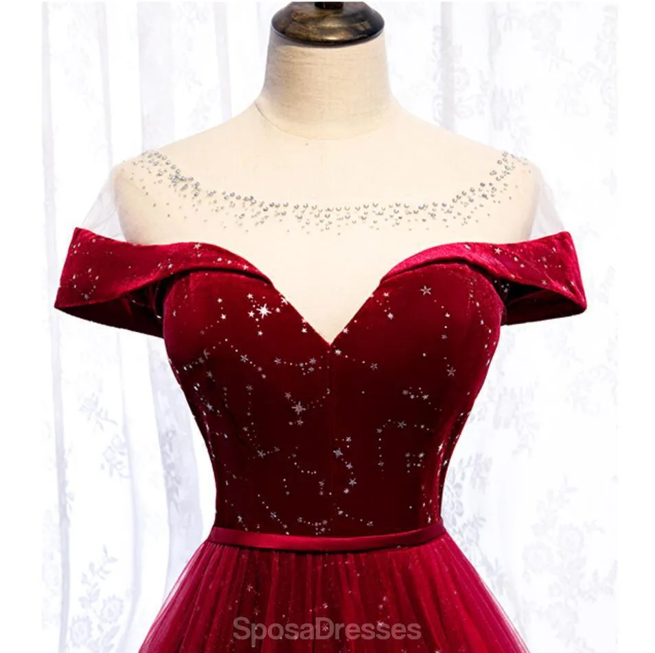 Cap Sleeve Red Sparkly Tulle Long Cheap Evening Prom Dresses, Evening Party Prom Dresses, 12329