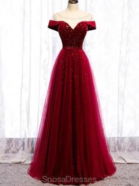 Cap Sleeve Red Sparkly Tulle Long Cheap Evening Prom Dresses, Evening Party Prom Dresses, 12329