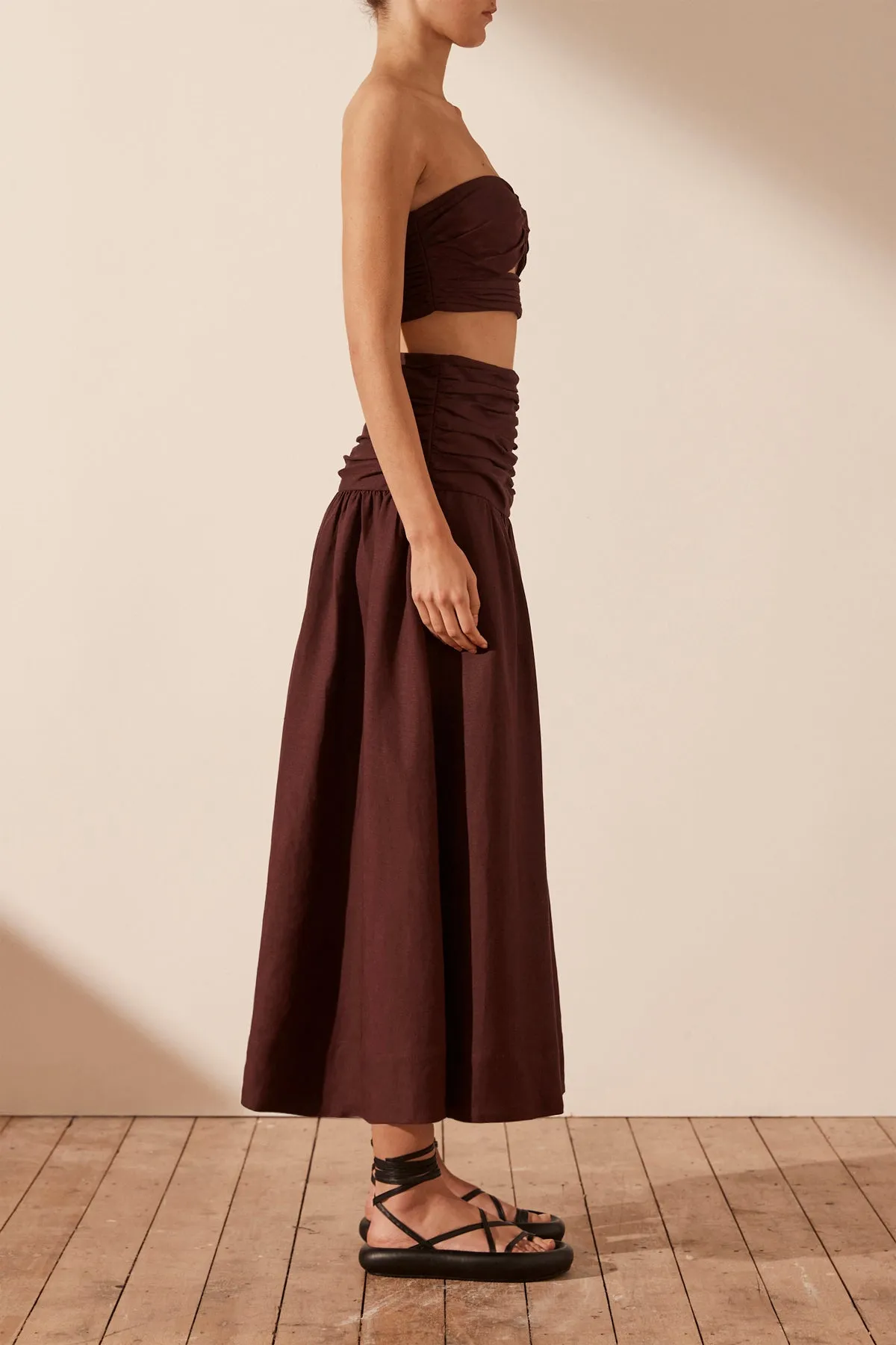 CEZANNE LINEN RUCHED MIDI SKIRT - COCOA