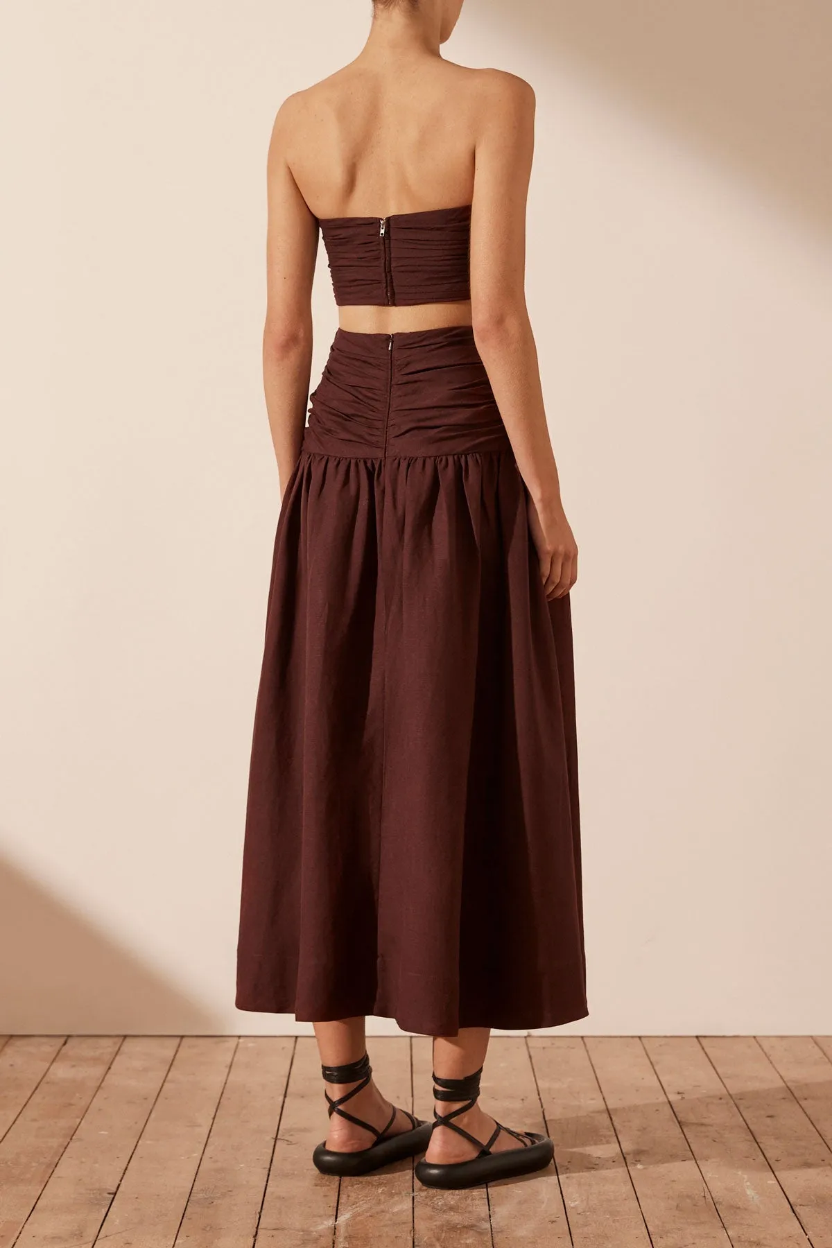 CEZANNE LINEN RUCHED MIDI SKIRT - COCOA