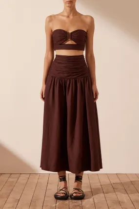 CEZANNE LINEN RUCHED MIDI SKIRT - COCOA