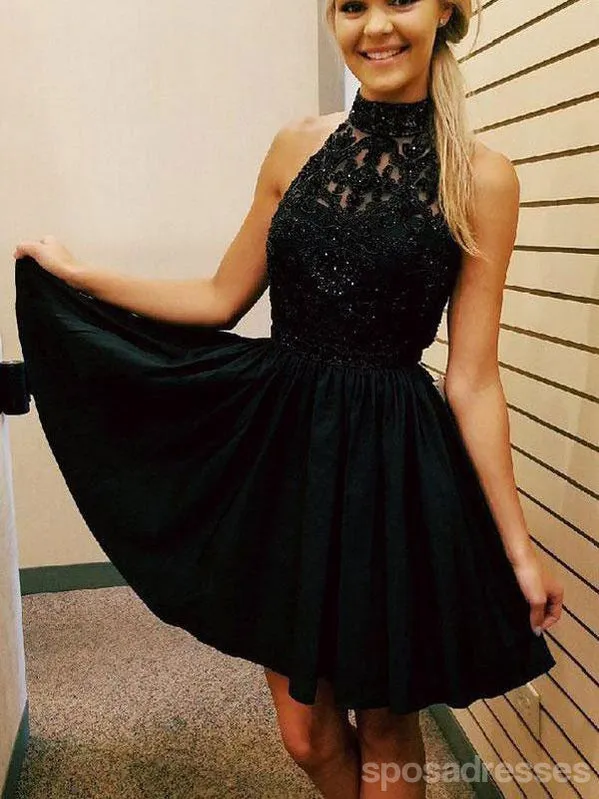 Cheap Short Lace Beaded Halter Black Homecoming Dresses 2018, CM481