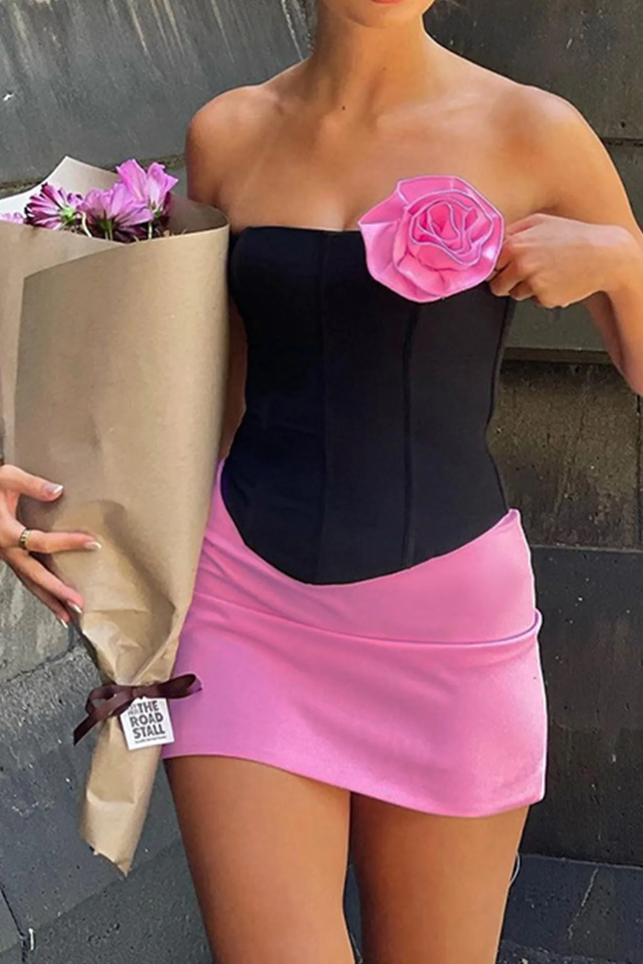 Contrast Corset Strapless Mini Skirt Suits