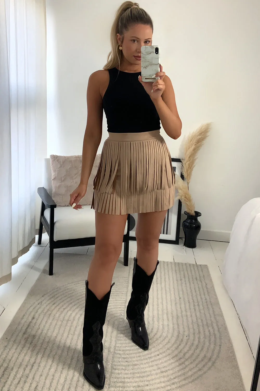 Cora Beige Faux Suede Fringe Tassel Mini Skirt