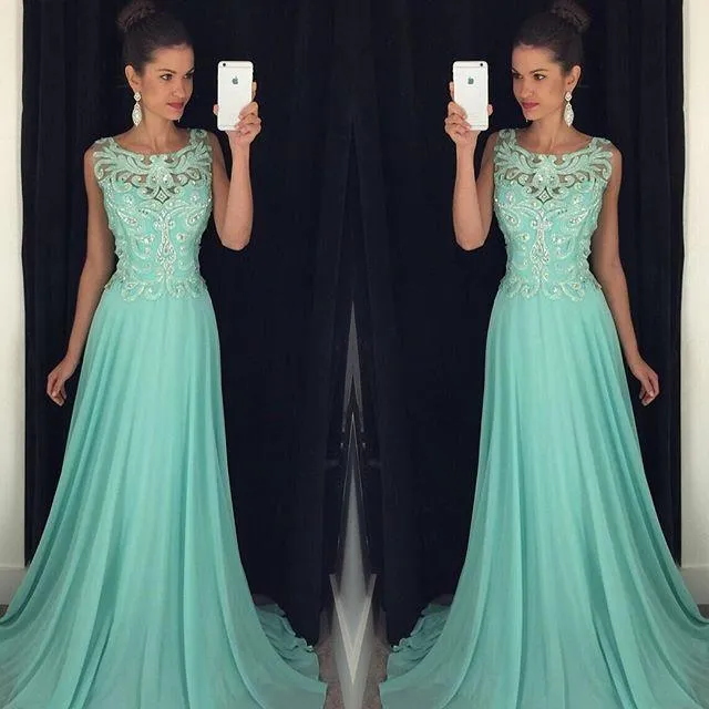 Custom Made A Line Round Neck Mint Green Backless Prom Dresses, Mint Green Backless Formal Dresses